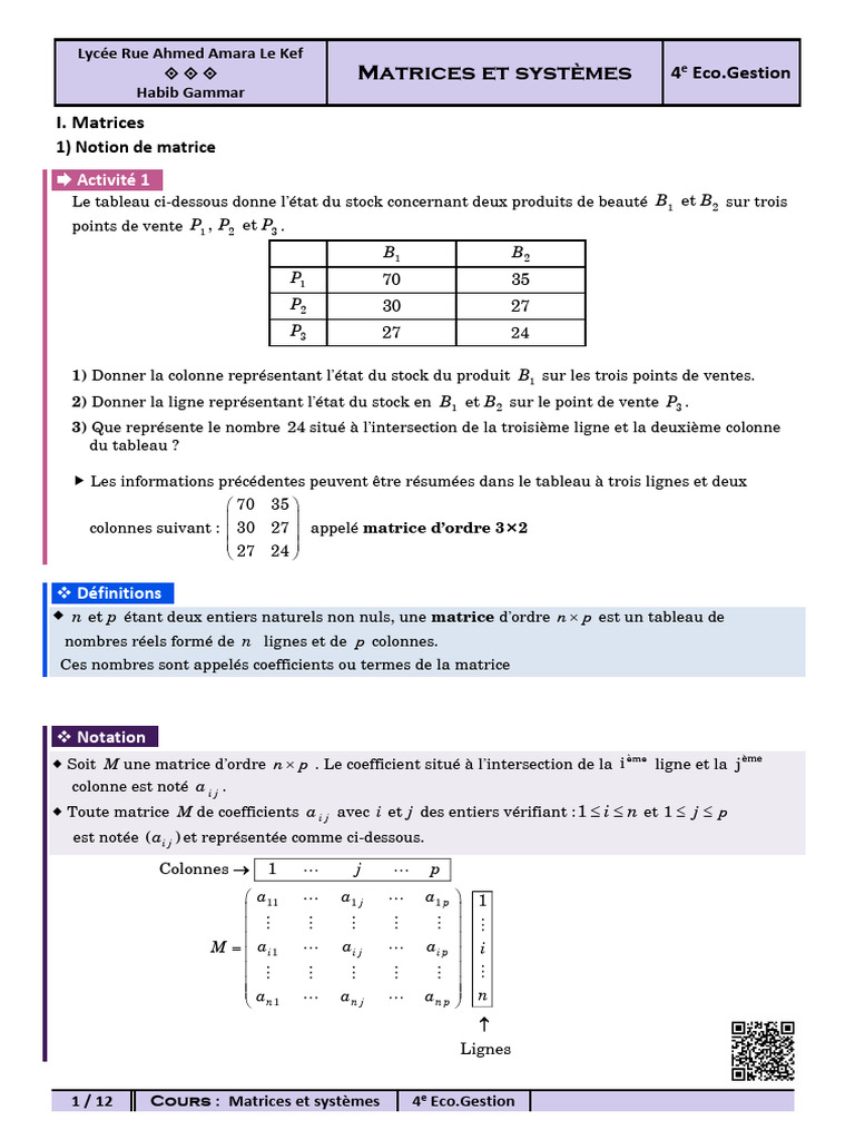 Cours sur les Matrices et Systèmes | PDF | Matrice (Mathématiques ...