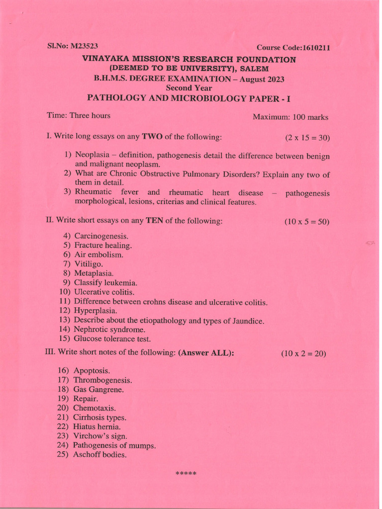 01.pathology Previous Question Paper | PDF | Pathology | Immunology
