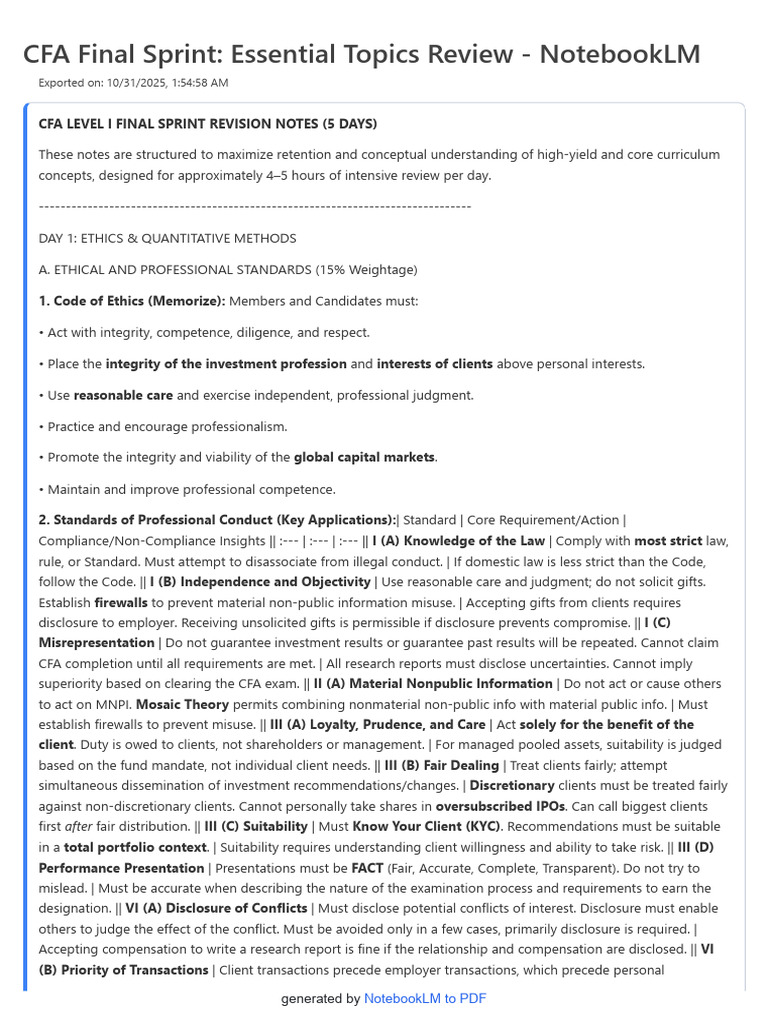 CFA Level I Final Sprint Review Notes | PDF | Bonds (Finance) | Inventory