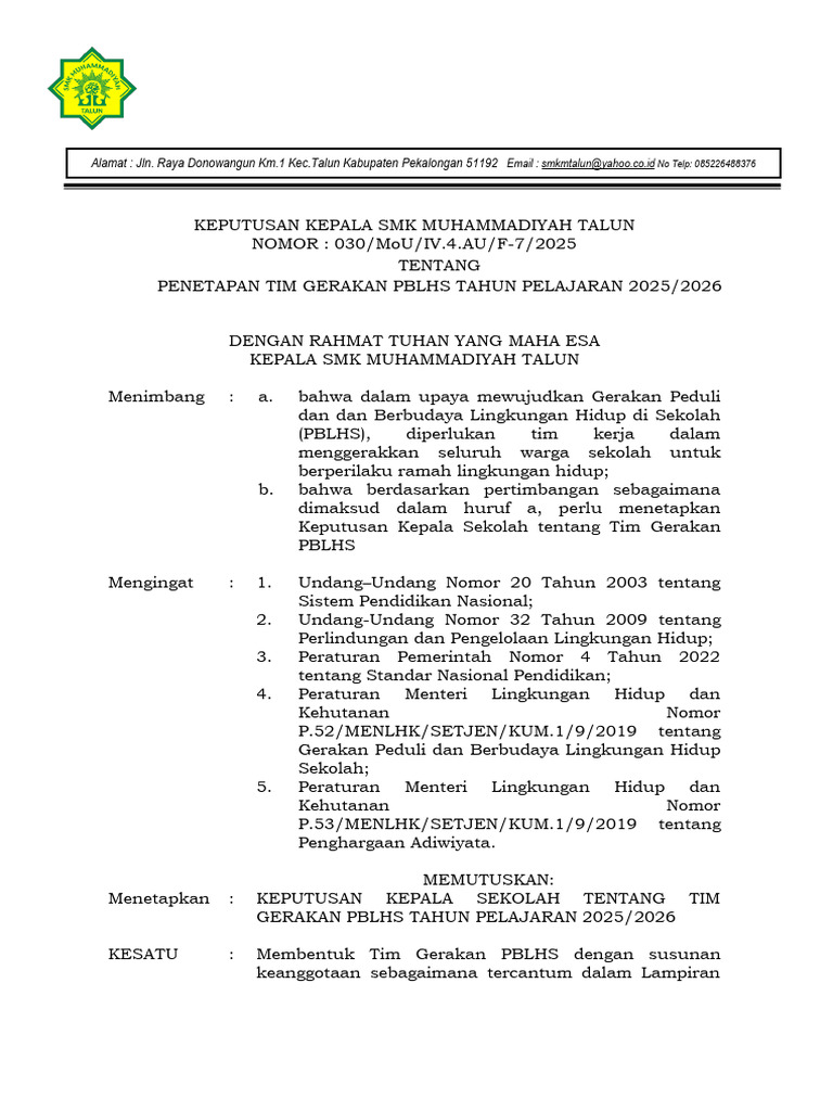 Tim PBLHS SMK Muhammadiyah Talun 2025 | PDF