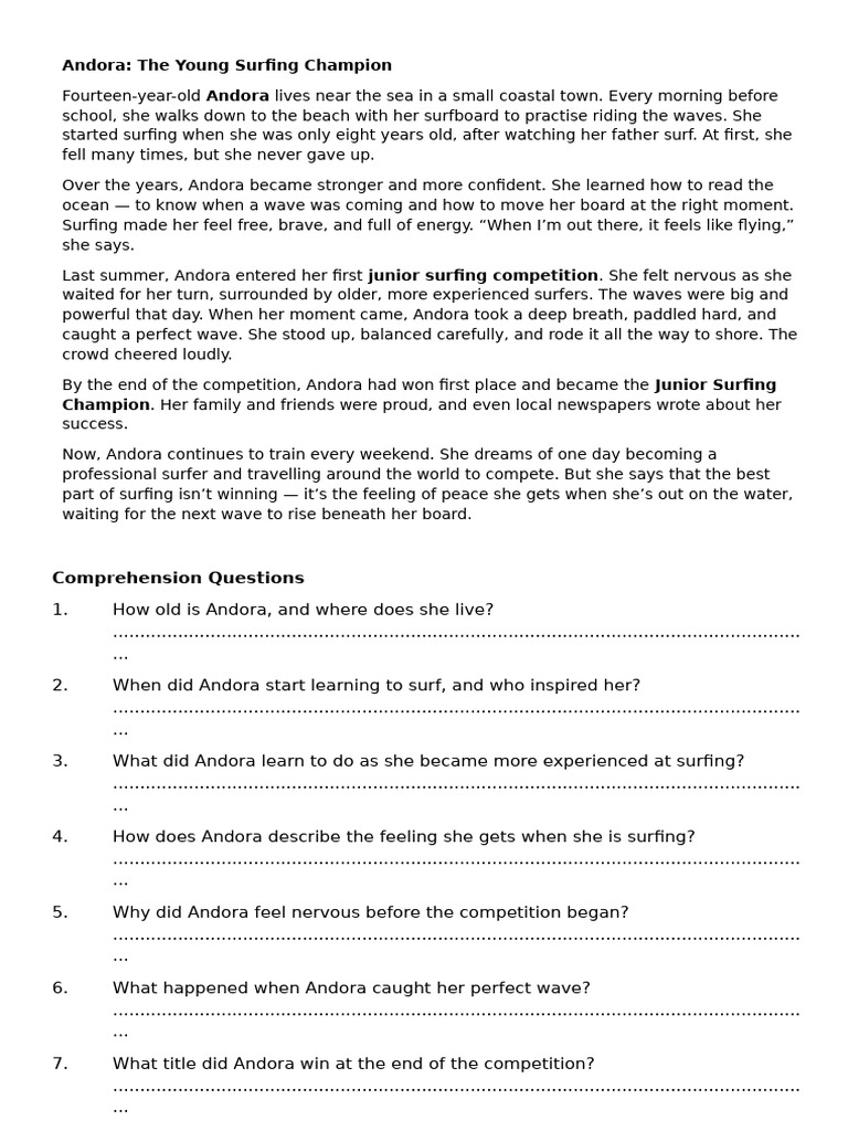 Andora Year 8 Comprehension | PDF | Boardsports