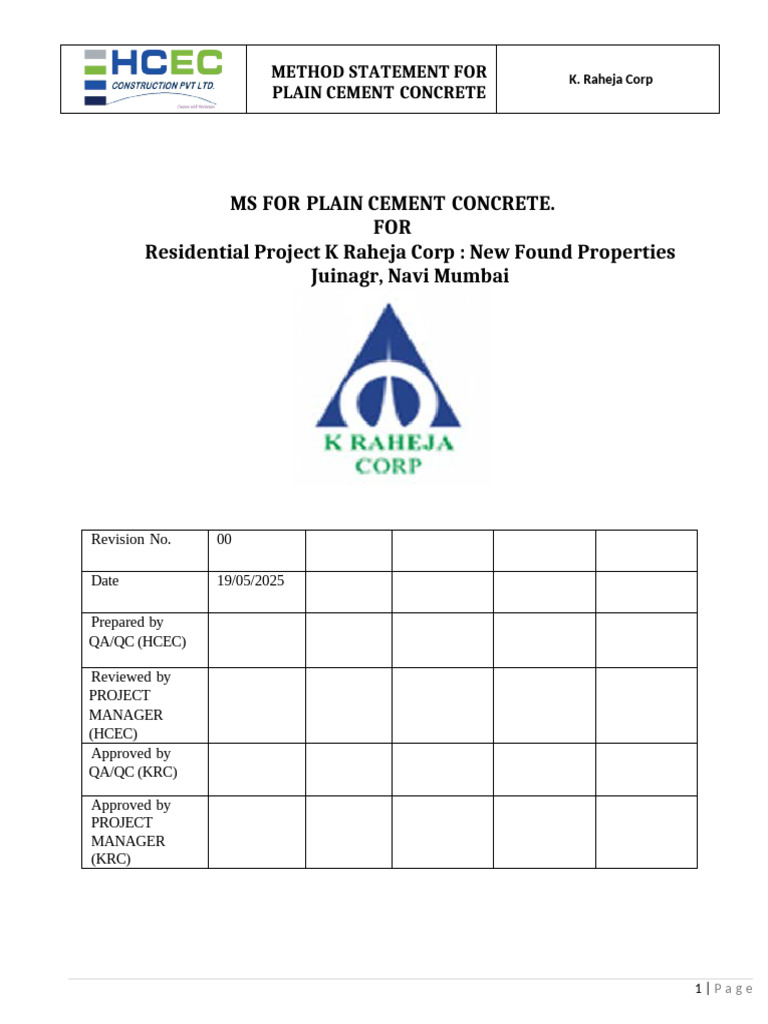 Method Statement for Plain Cement Concrete | PDF | Concrete ...