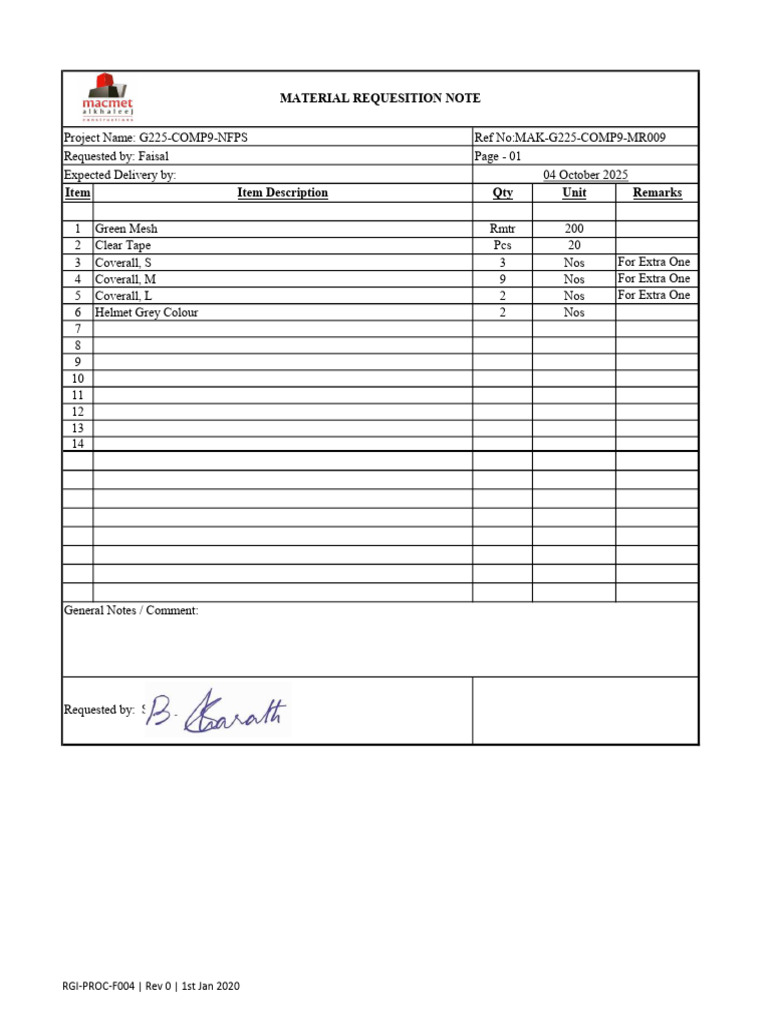 G225-COMP9-NFPS Material Requisition | PDF