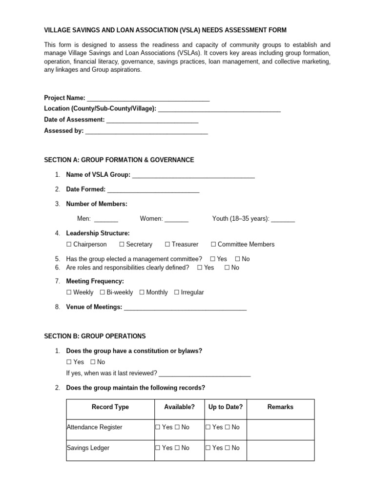 VSLA Needs Assessment Form Template | PDF