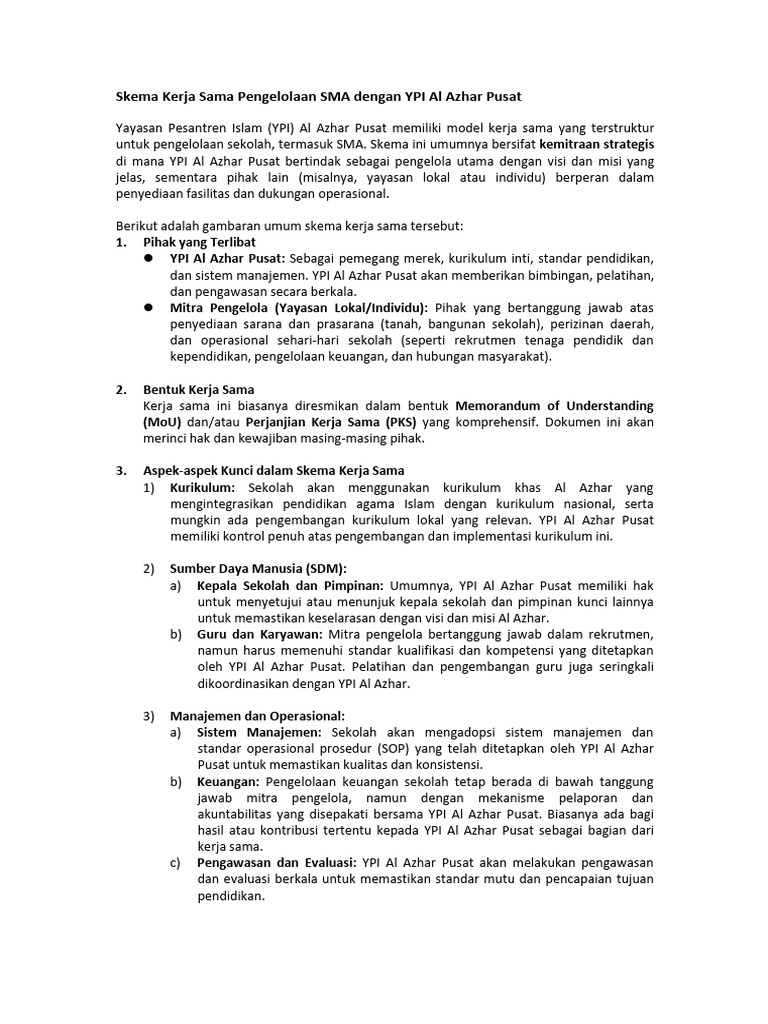 Skema Kerja Sama Pengelolaan SMA Al Azhar | PDF