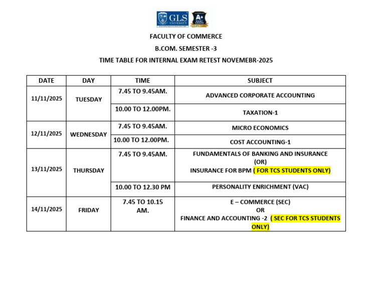Retest Bcom. Sem - 3 Internal Exam Time Table Sem-3 Nov. 2025 | PDF