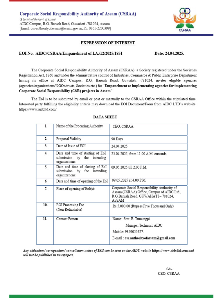 EOI for CSR Project Agencies in Assam | PDF | Corporate Social ...
