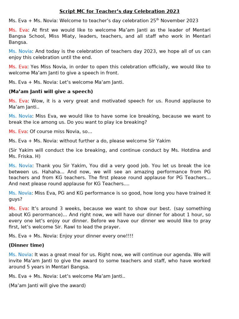 MC Script and Run Down Teacher's Day 25 November 2023 | PDF | Meal ...