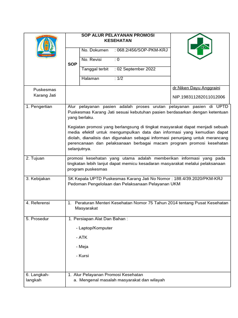 SOP Pelayanan Promosi Kesehatan Puskesmas | PDF