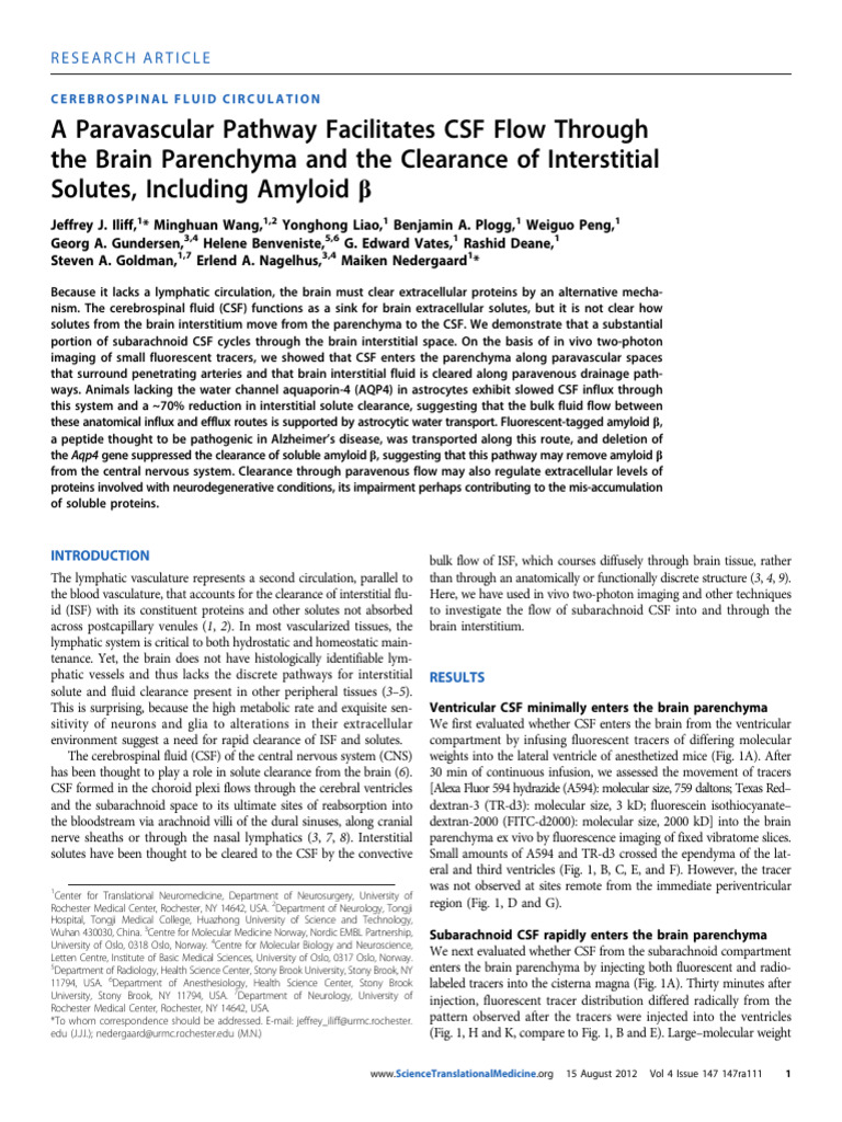 CSF Flow and Solute Clearance in Brain | PDF | Cerebrospinal Fluid ...