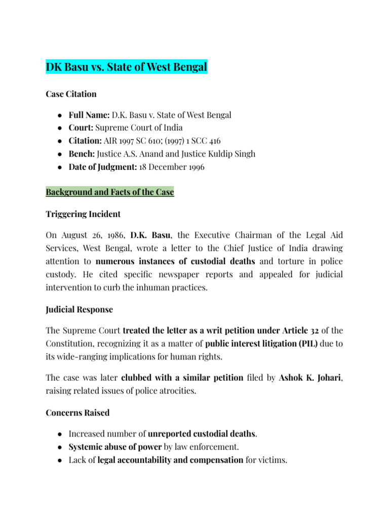 D.K. Basu v. State of West Bengal Case Summary | PDF | Arrest | Common Law