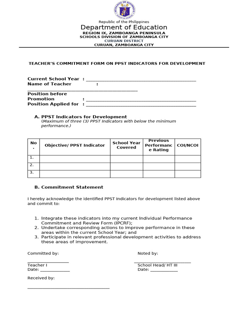 Teacher Commitment Form for PPST Indicators | PDF