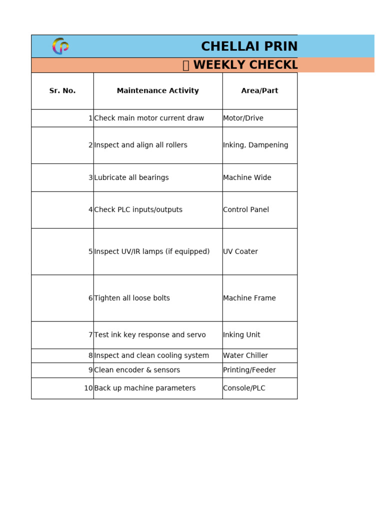 Weekly & Daily Printing Maintenance Checklist | PDF | Mechanical ...