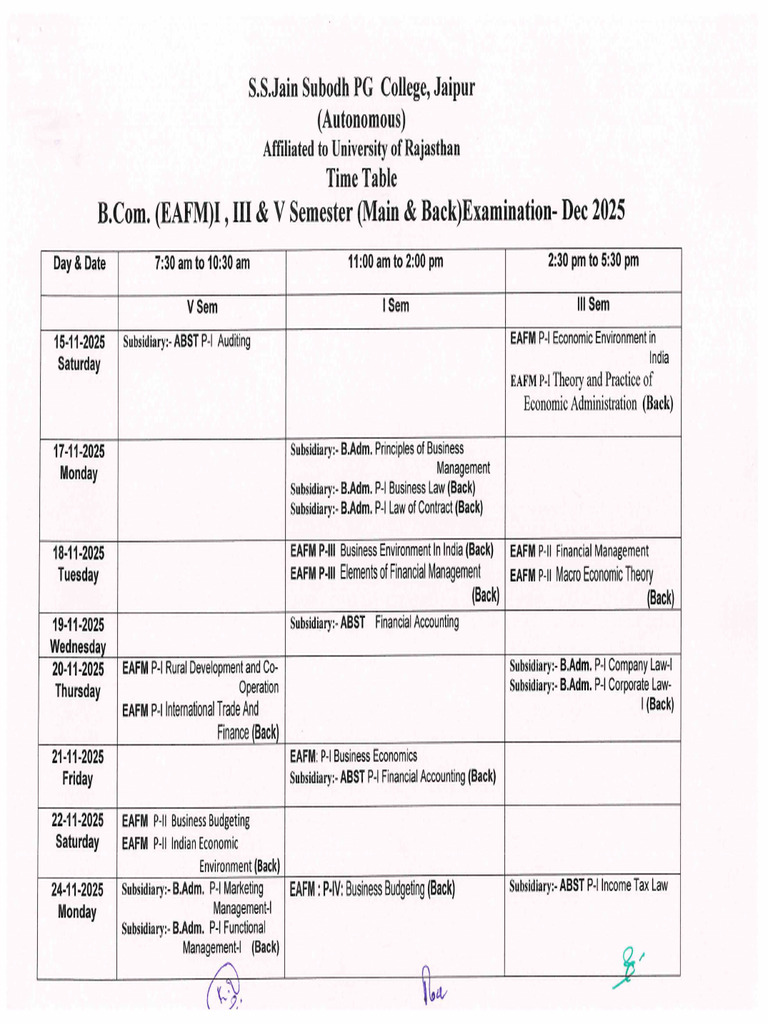 Time Table For BCom EAFM I III V Sem Dec2025 | PDF