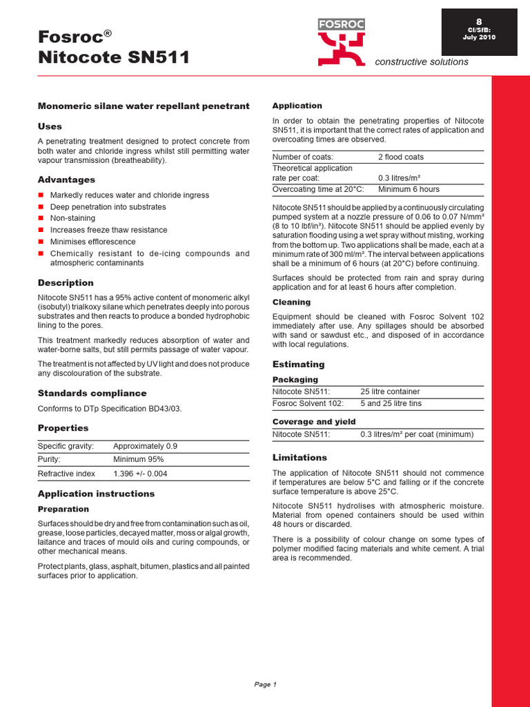 Nitocote SN511: Concrete Water Repellent | PDF | Water | Concrete