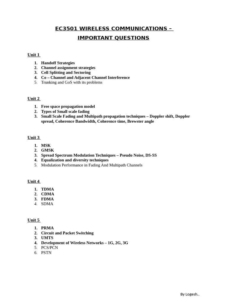 Ec3501 Wireless Communications | PDF