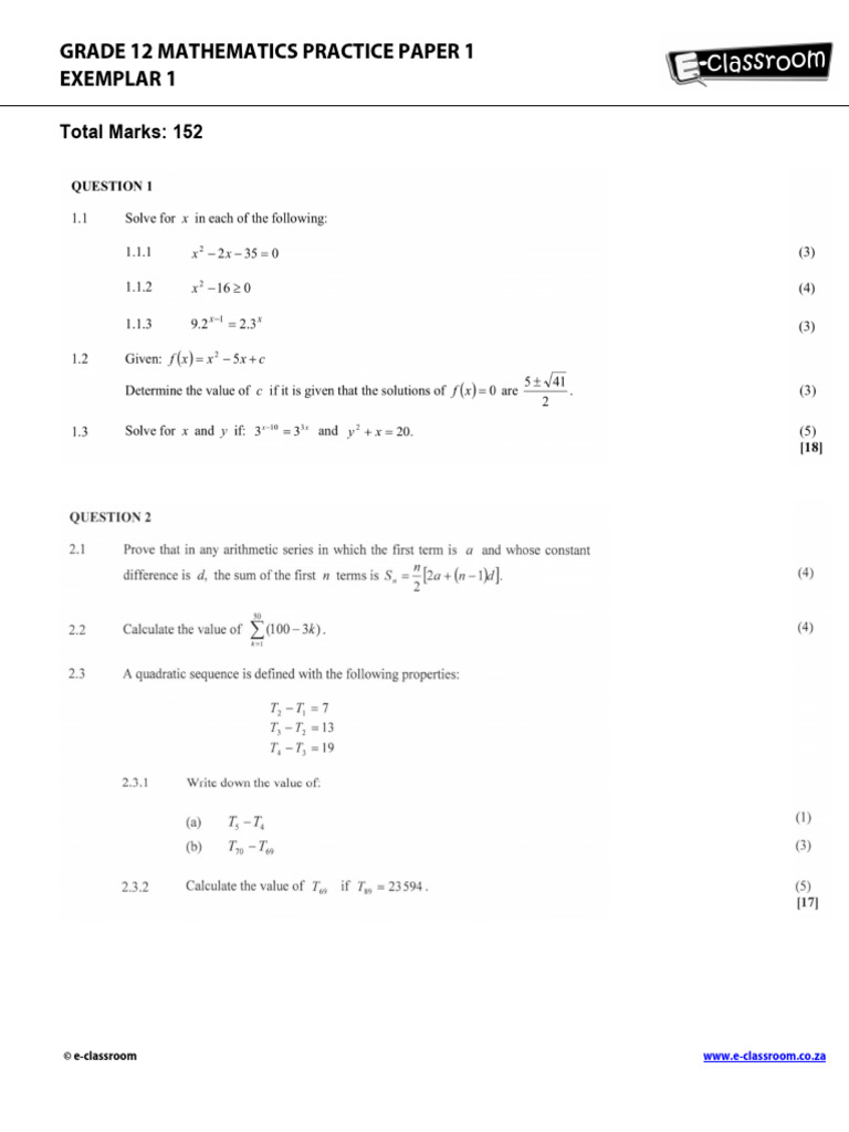 Grade 12 Mathematical Practice Paper 1 Examplar 1 | PDF