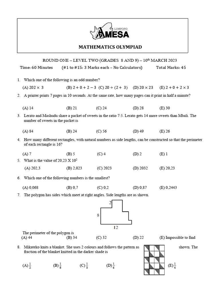 Grade 8-9 Math Olympiad Questions | PDF | Euclidean Geometry ...