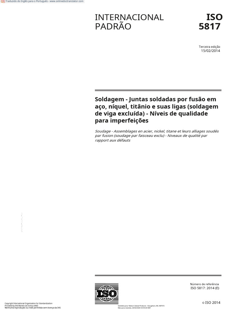 Níveis de Qualidade em Soldagem ISO 5817 | PDF | Padronização | Patente