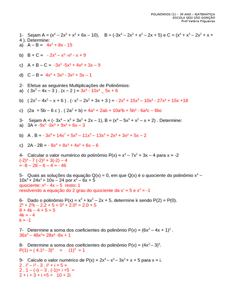 Polinômios: Operações e Equações | PDF | Álgebra abstrata | Matemática ...