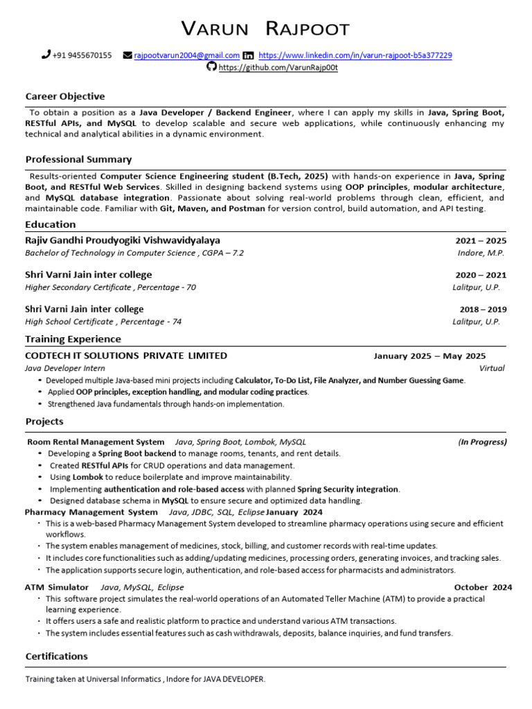 Java Developer Resume for Varun Rajpoot | PDF | Java (Programming ...