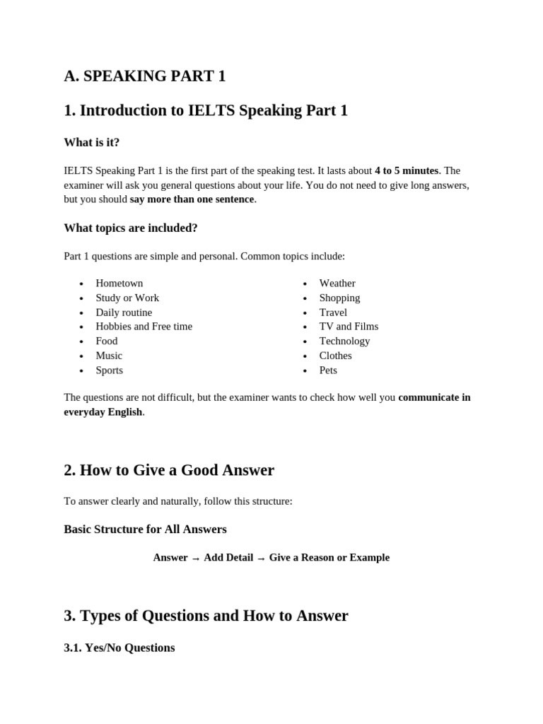 IELTS Speaking Part 1 & 2 Guide | PDF | Hobbies | International English ...