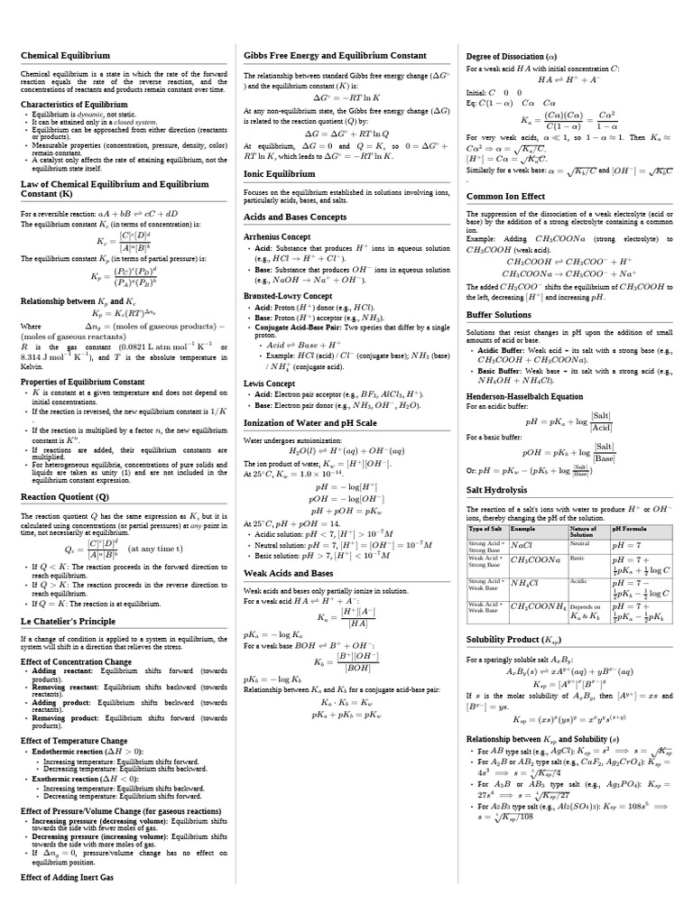 Cheatsheet | PDF | Chemical Equilibrium | Acid