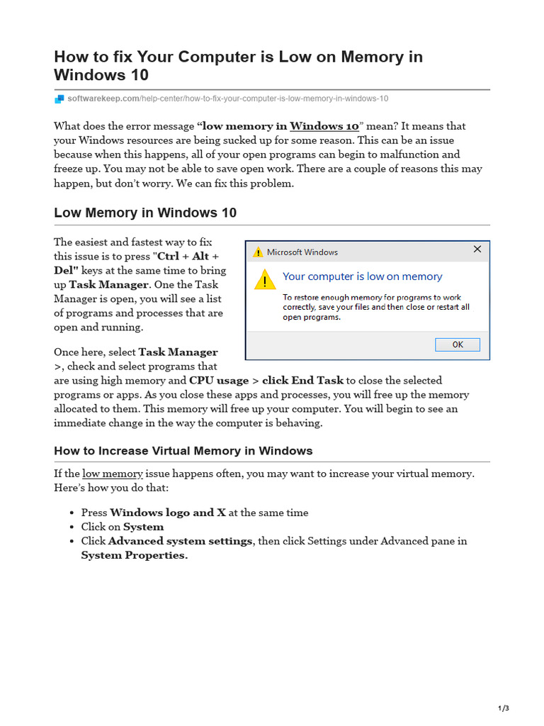 How To Fix Your Computer Is Low On Memory in Windows 10 | PDF | Windows ...