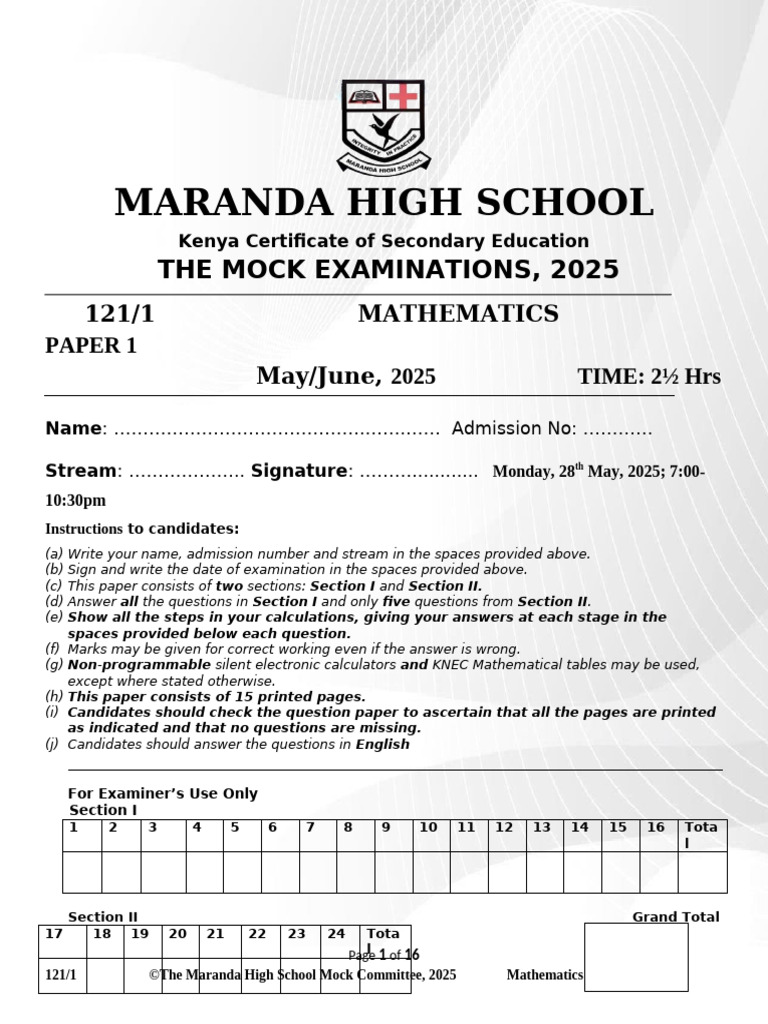 Maranda High School 2025 Mock Math Exam | PDF | Geometry | Mathematics