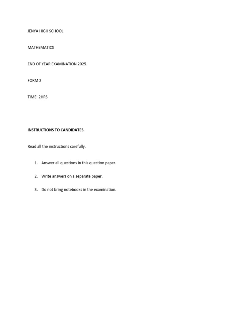 Form 2 Mathematics Paper 1 | PDF | Mathematics
