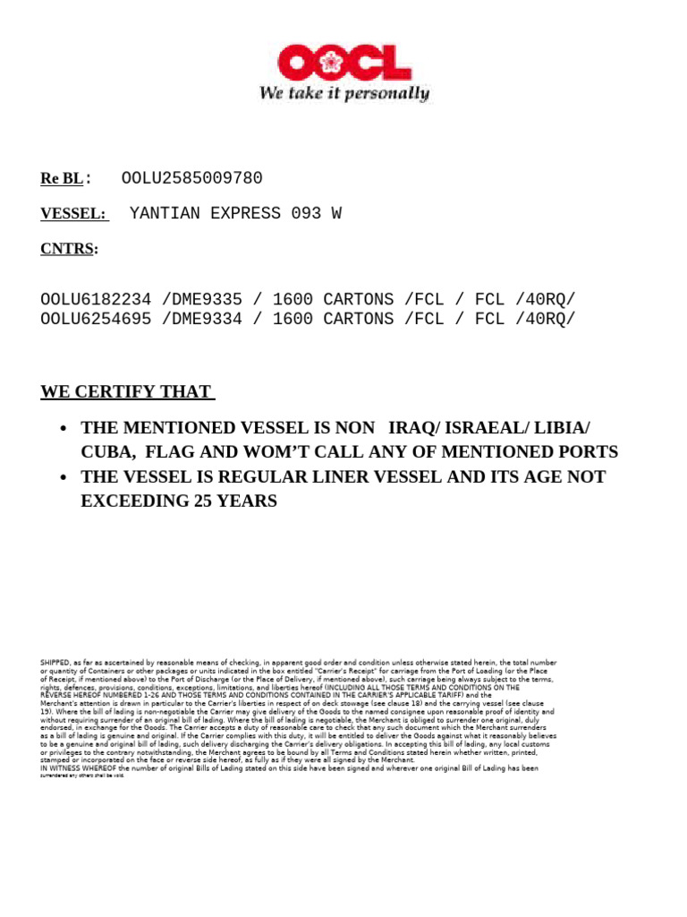 Yantian Express Bill of Lading Details | PDF | Bill Of Lading | Justice