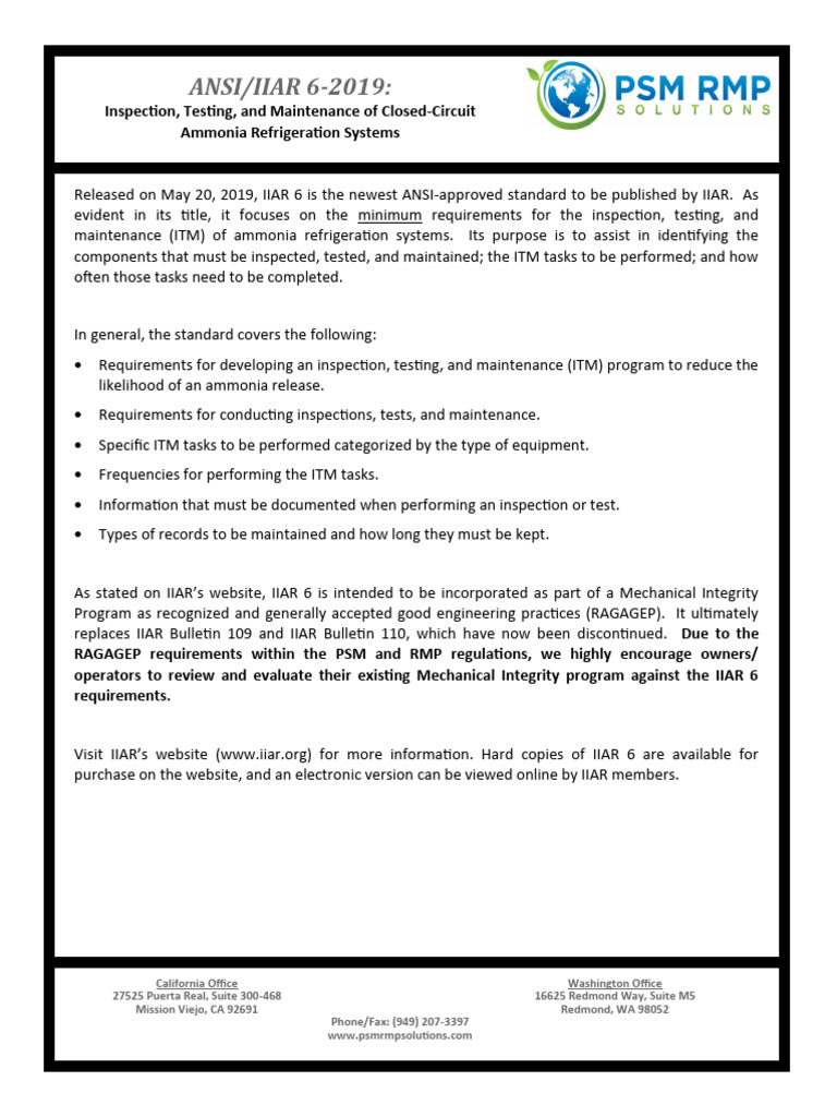 IIAR 6: Ammonia System Maintenance Standards | PDF