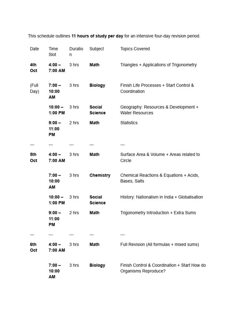 This Schedule Outlines 11 Hours of Study Per Day For An Intensive Four ...
