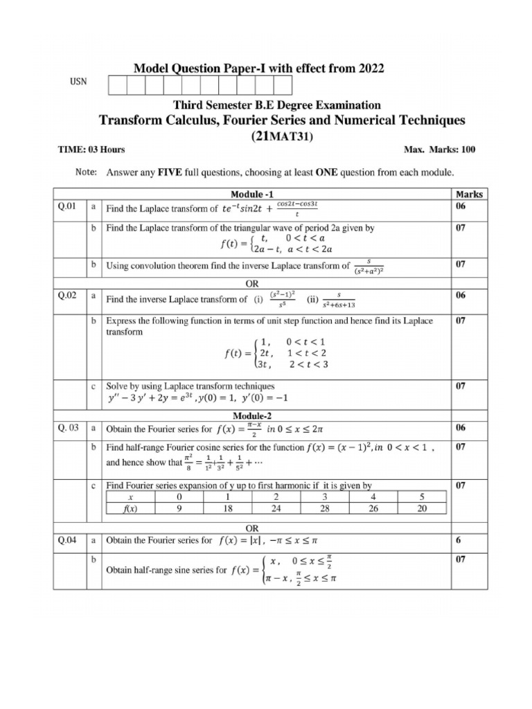Model Question Paper With Solution of 21MAT31 Transform Calculus ...