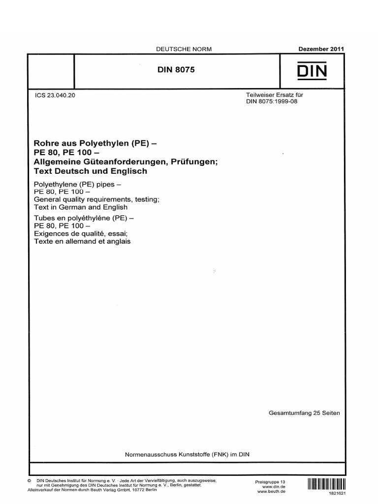 DIN 8075-2011 Polyethylene (PE) Pipes | PDF