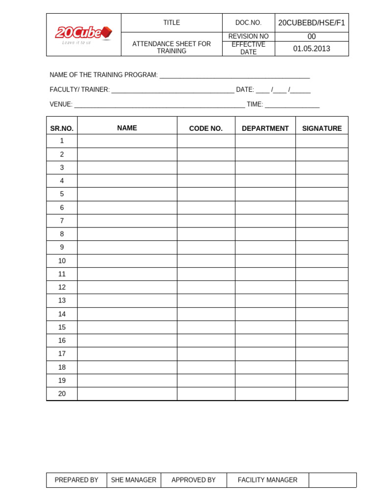 F-01 Training Attendance Sheet | PDF