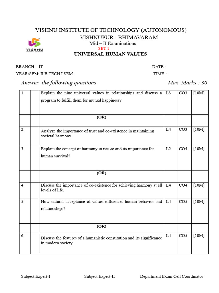 UHV MID 2 QP.docx | PDF | Liberal Arts Education | Behavioural Sciences