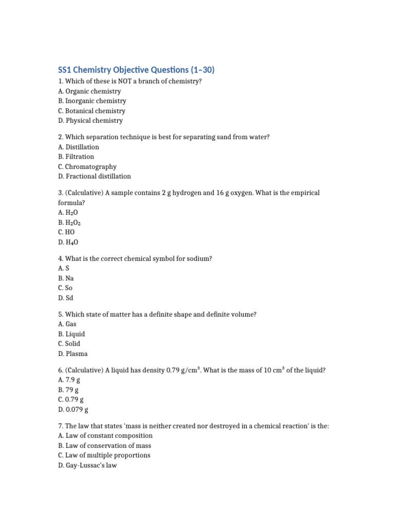 SS1 Chemistry Objective Questions | PDF | Mole (Unit) | Chemical Substances