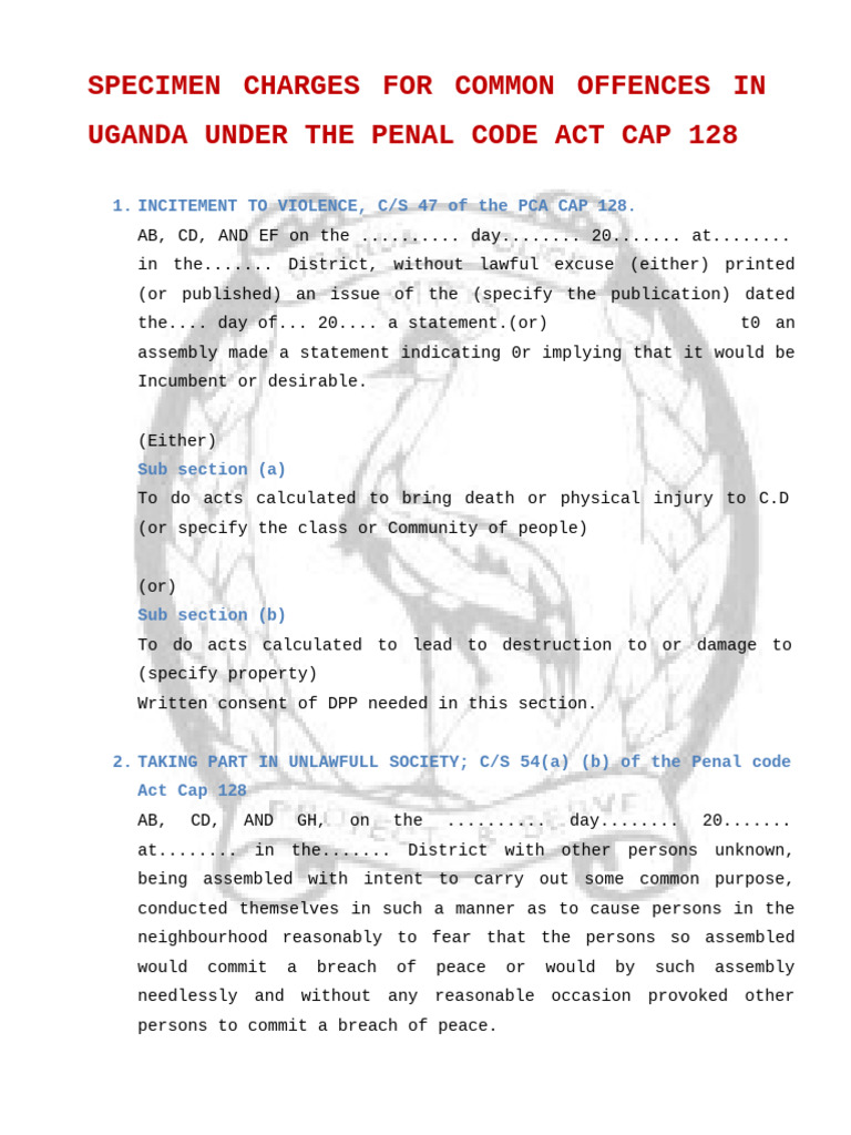 Uganda Penal Code Offences Summary | PDF | Perjury | Robbery