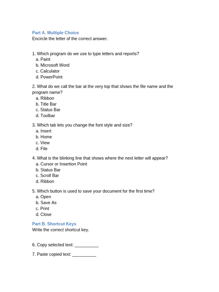 Grade3 MS Word Exam | PDF
