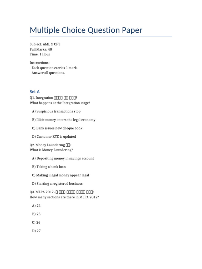 AML & CFT Multiple Choice Questions | PDF | Money Laundering | Crimes