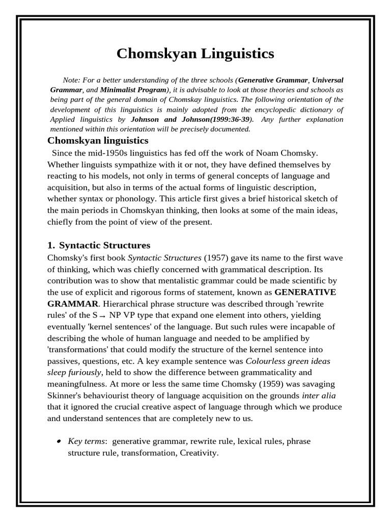 Overview of Chomskyan Linguistics | PDF | Syntax | Language Acquisition