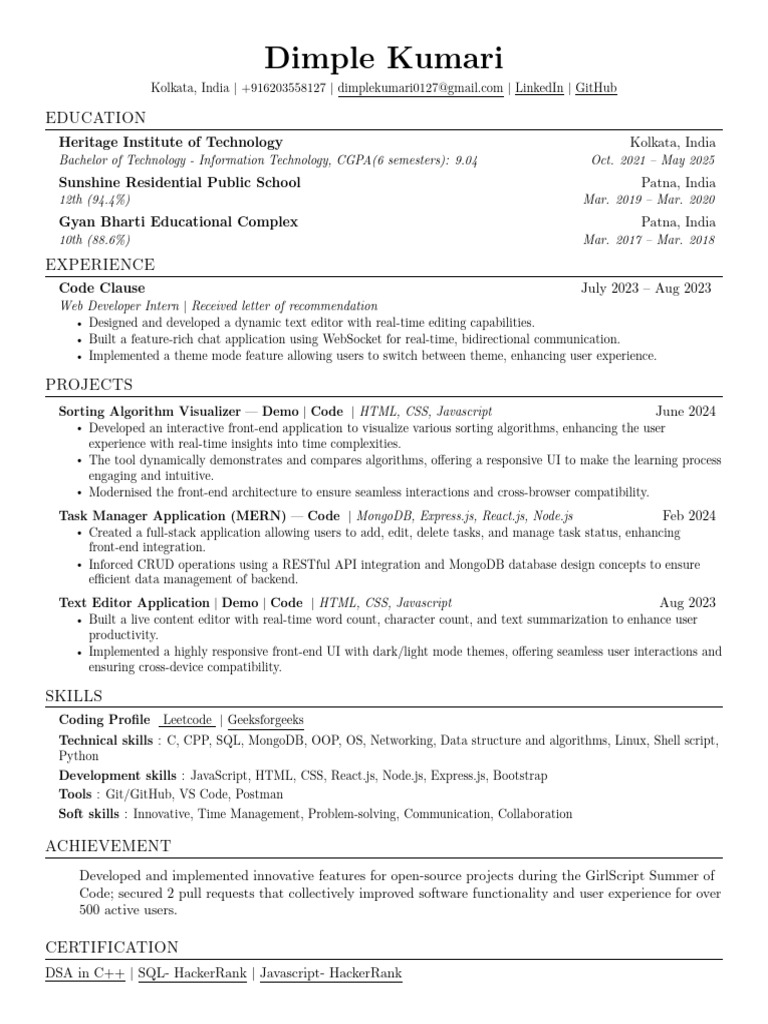 Dimple Kumari: Web Developer Resume | PDF | Java Script | Software ...