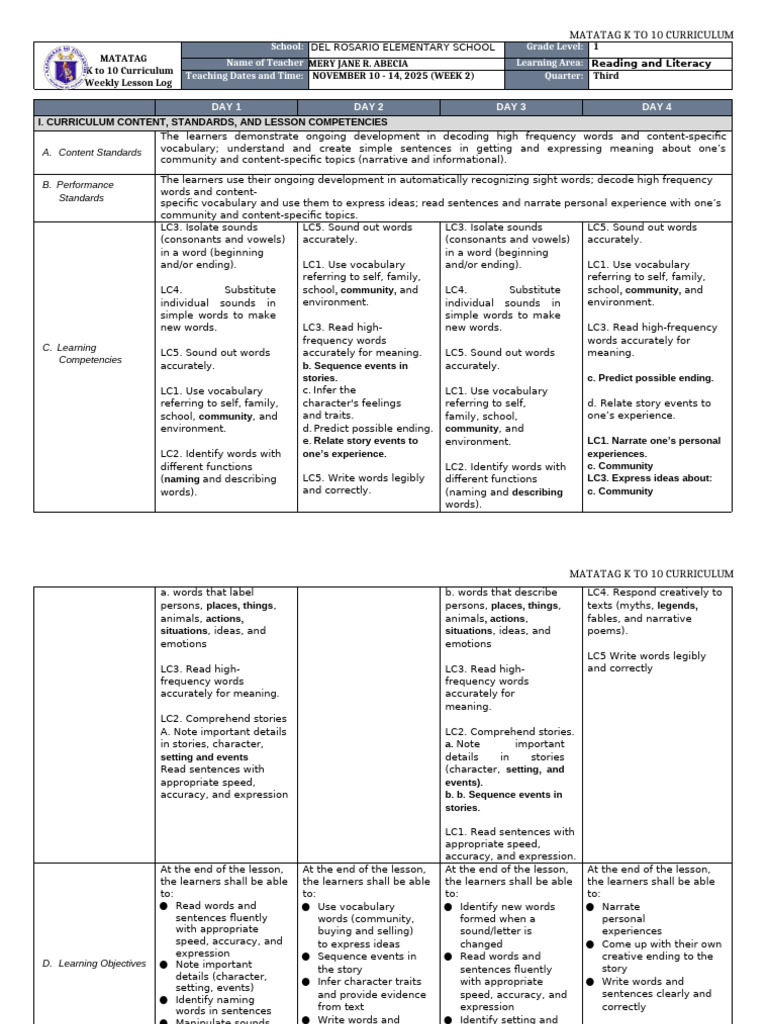 DLL Matatag - Reading & Literacy 1 q3 - w2 | PDF | Reading ...