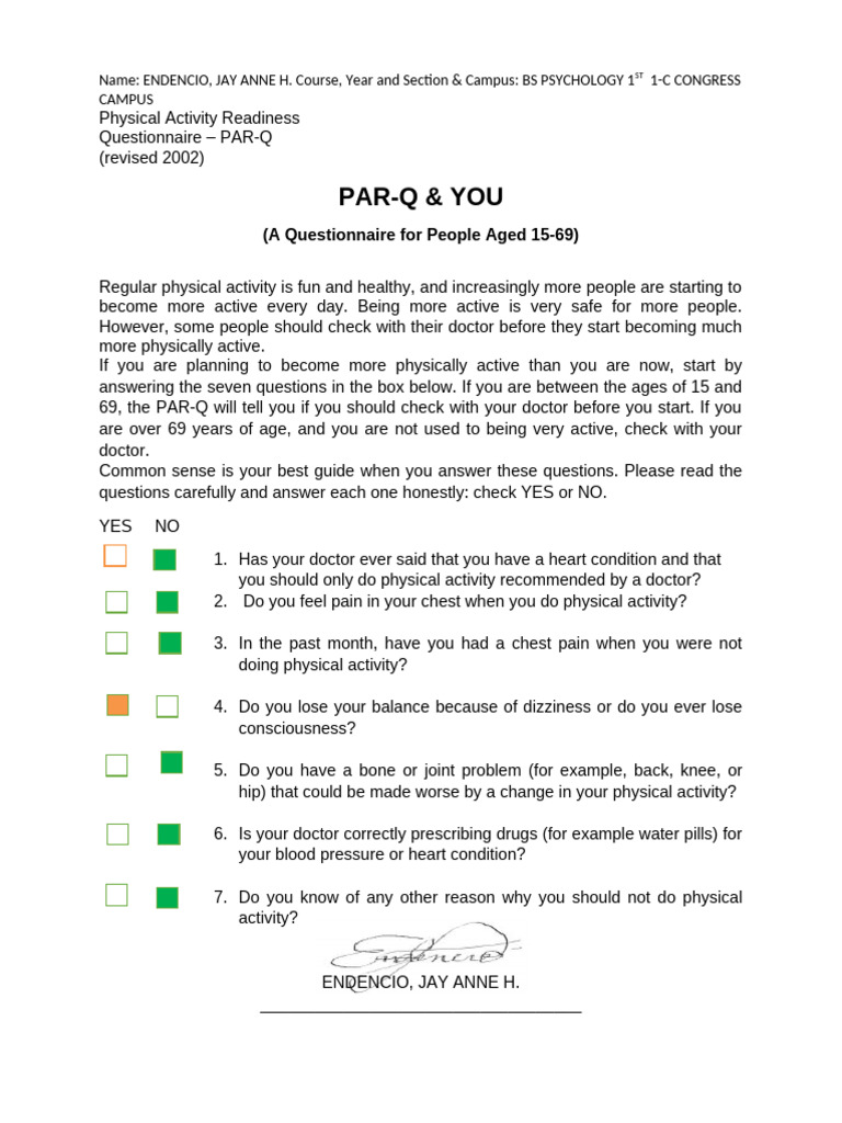 PAR-Q Questionnaire for Physical Activity | PDF