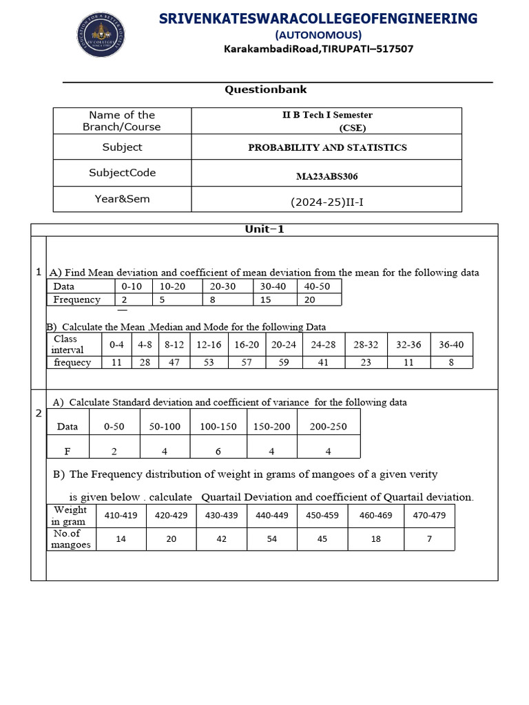CSE II B Tech Probability & Statistics Question Bank | PDF | Variance ...