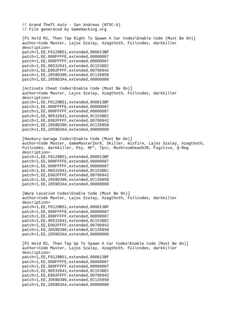 GTA San Andreas Cheat Codes Guide | PDF