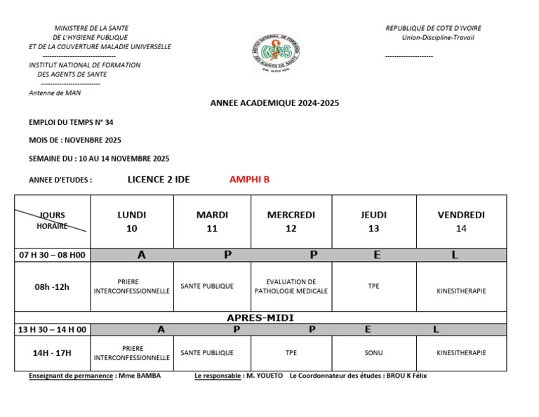 Emploi du temps Licence 2 IDE - Nov 2025 | PDF