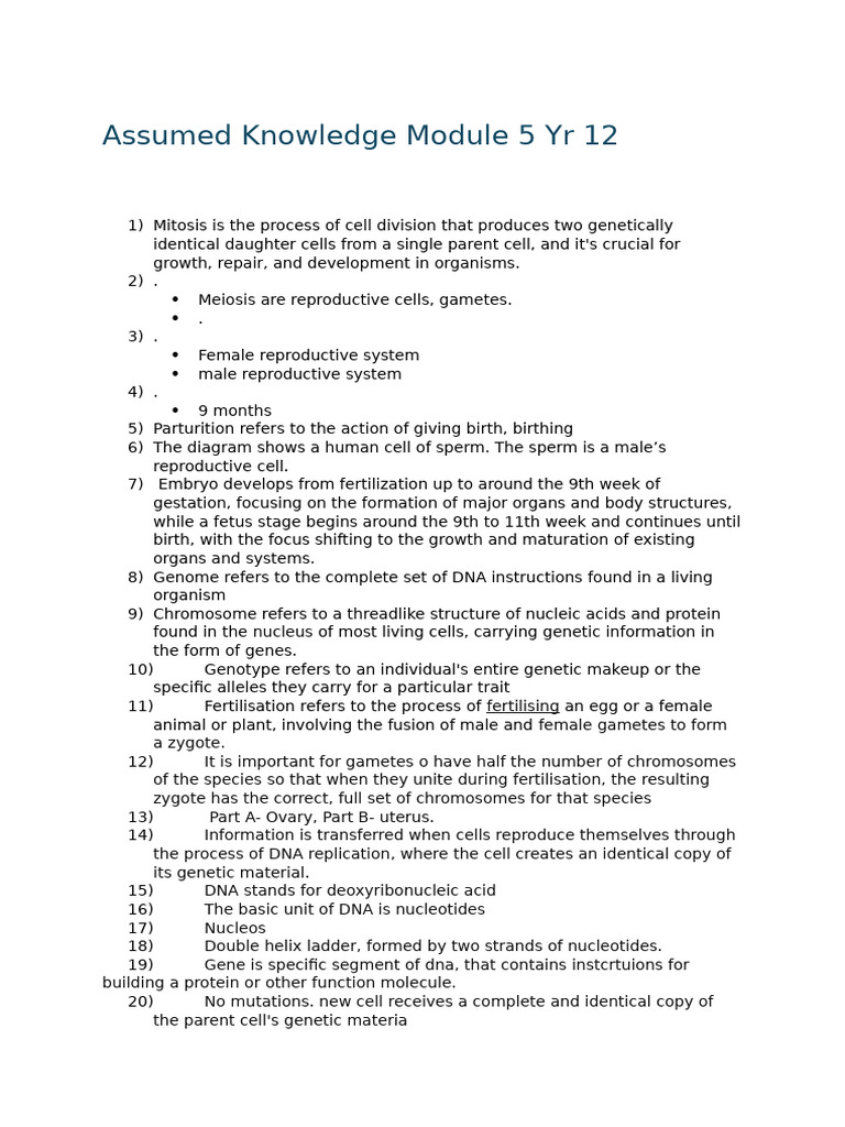 Assumed Knowledge Module 5 Yr 12 | PDF | Genetics | Fertilisation