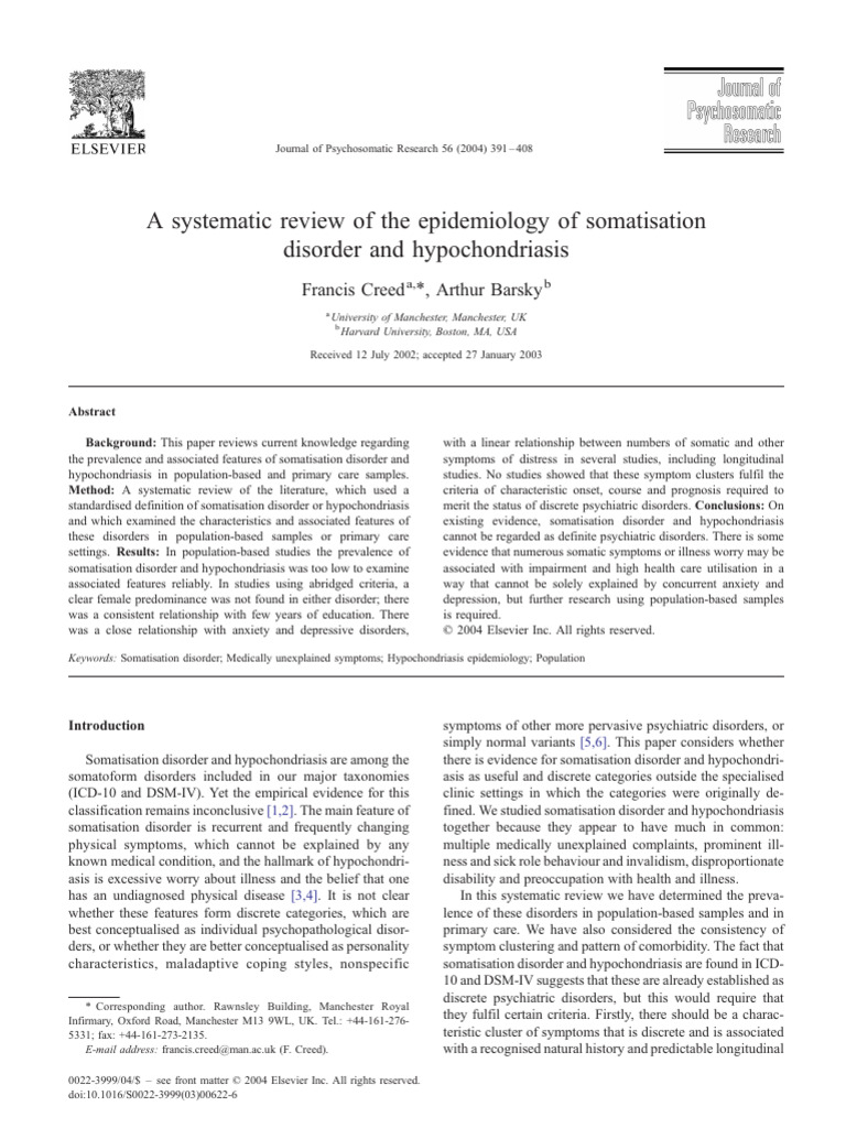 A Systematic Review of The Epidemiology of Somatisation Disorder and ...